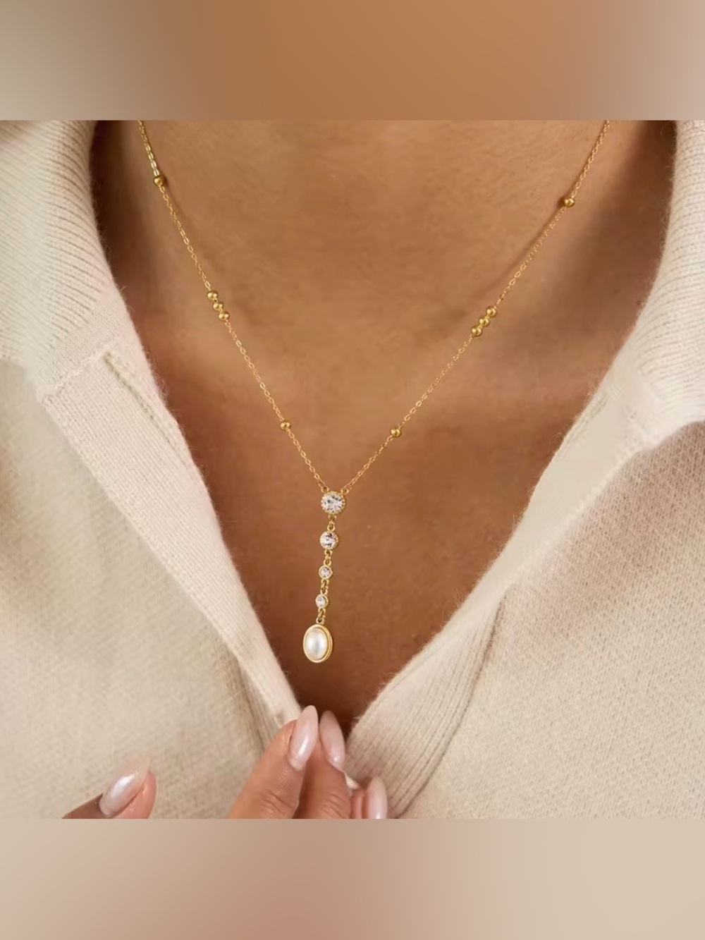 New Pearl Lariat Necklace 18K Gold Plated Stainless Steel Adjustable